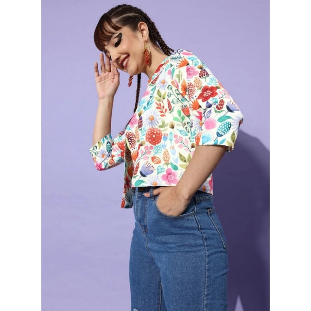 Amfyn Women's Polyester Floral 3-4th Sleeves Shrug (Multicolor)