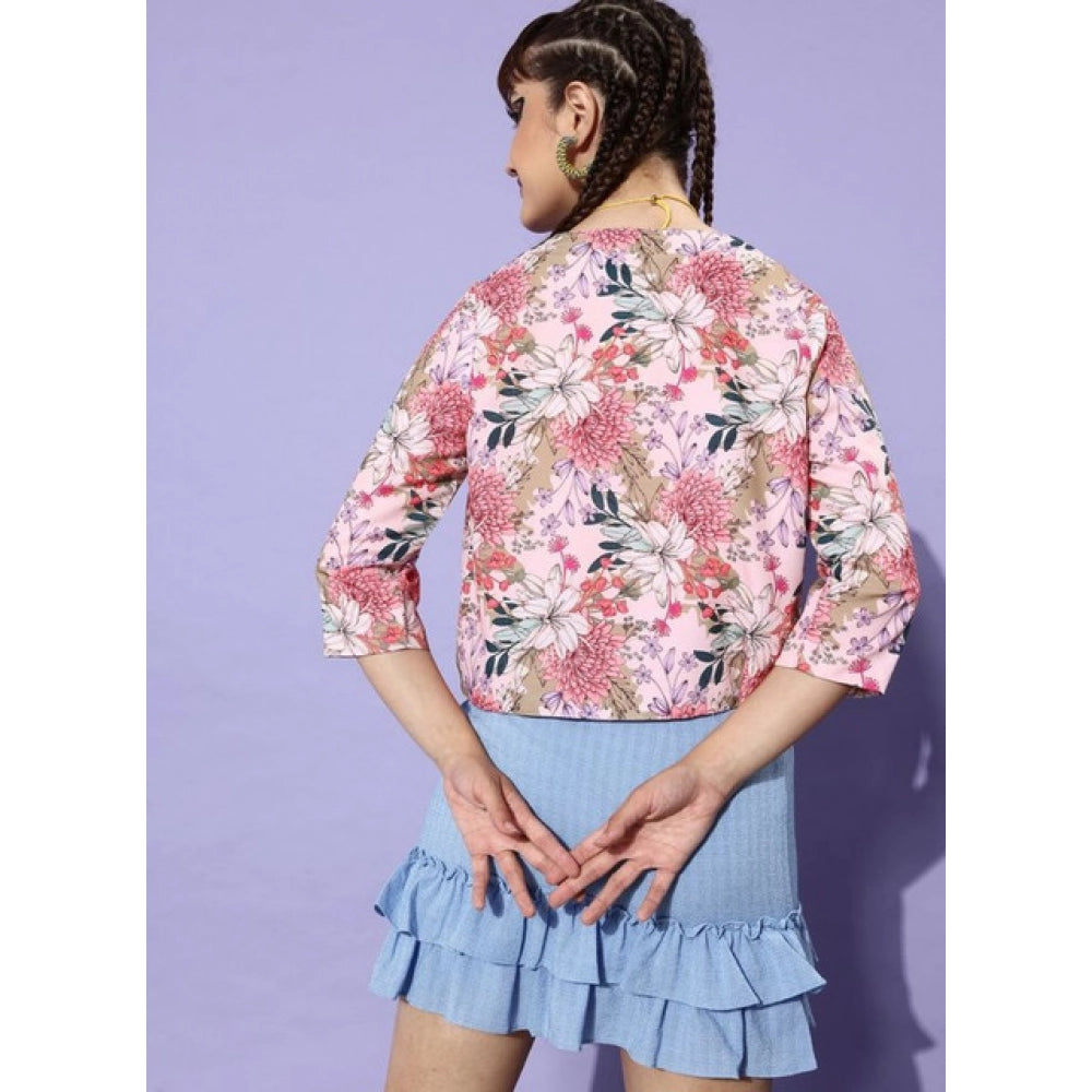Amfyn Women's Polyester Floral 3-4th Sleeves Shrug (Peach)