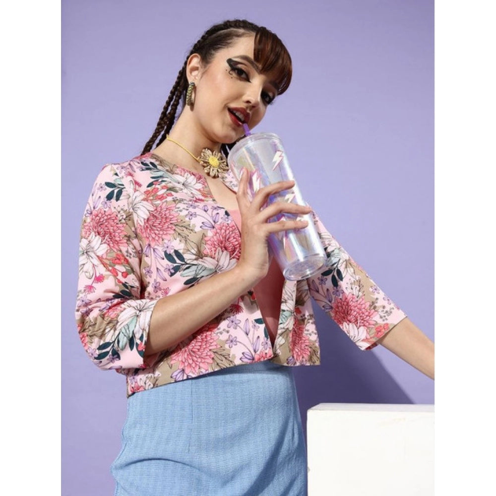 Amfyn Women's Polyester Floral 3-4th Sleeves Shrug (Peach)