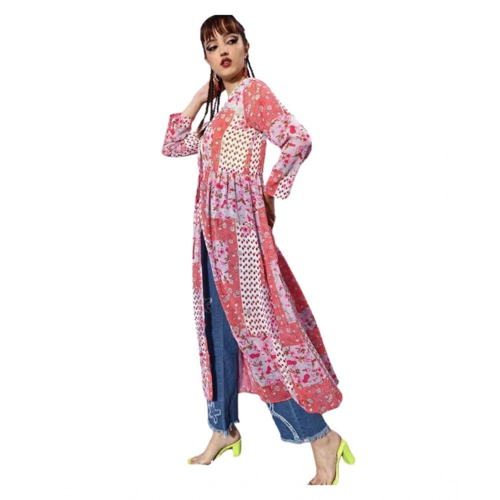 Amfyn Women's Polyester Floral Long Sleeves Shrug (Pink-Coral)