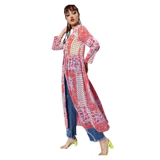 Amfyn Women's Polyester Floral Long Sleeves Shrug (Pink-Coral)