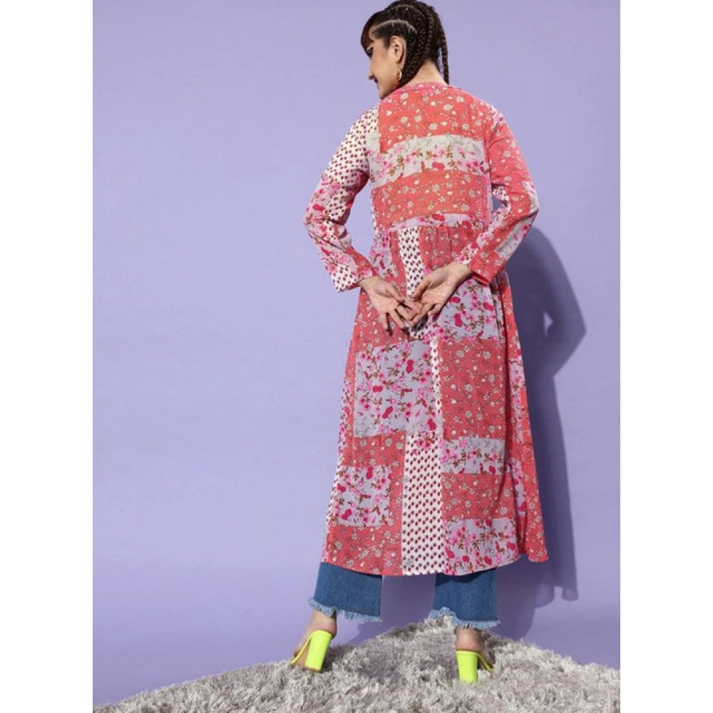 Amfyn Women's Polyester Floral Long Sleeves Shrug (Pink-Coral)