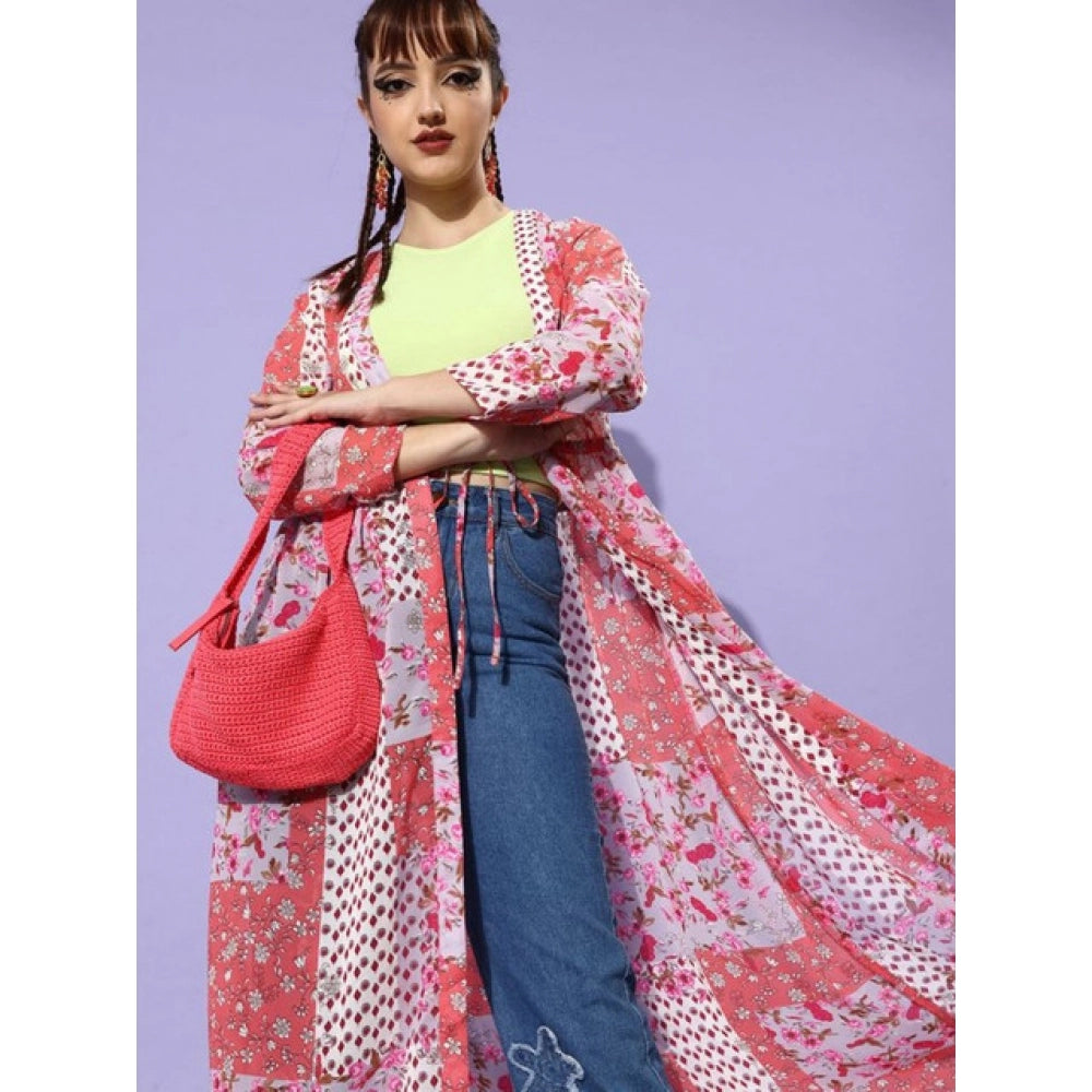 Amfyn Women's Polyester Floral Long Sleeves Shrug (Pink-Coral)