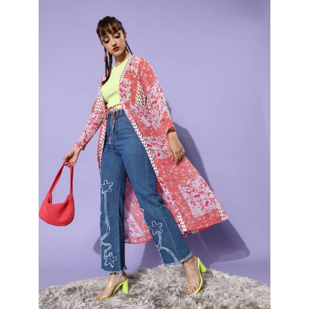 Amfyn Women's Polyester Floral Long Sleeves Shrug (Pink-Coral)