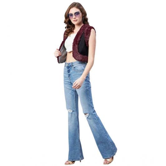 Amfyn Women's Denim And Fur Solid Sleeveless Shrug (Black - Maroon)