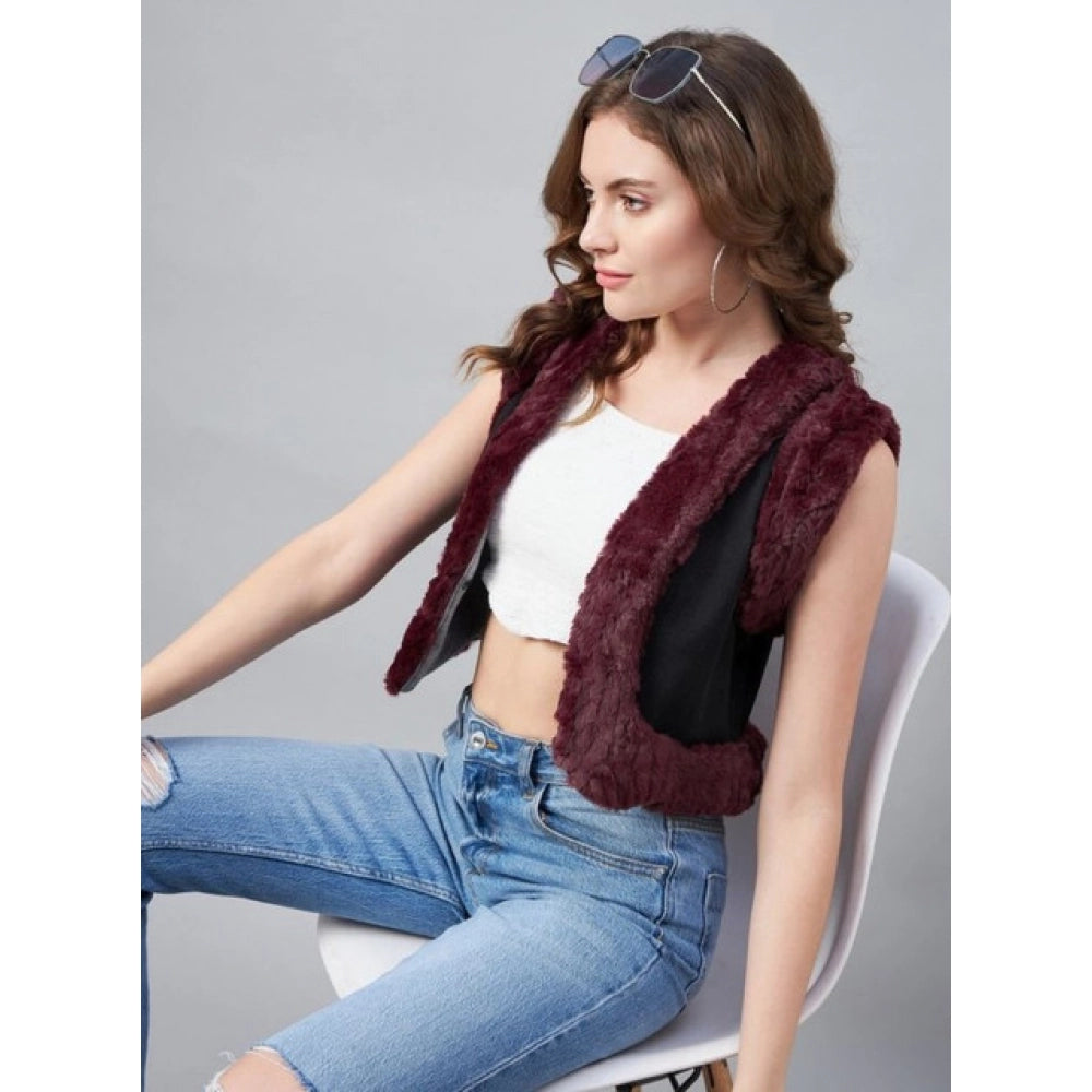 Amfyn Women's Denim And Fur Solid Sleeveless Shrug (Black - Maroon)