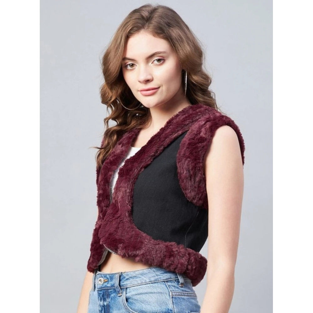 Amfyn Women's Denim And Fur Solid Sleeveless Shrug (Black - Maroon)