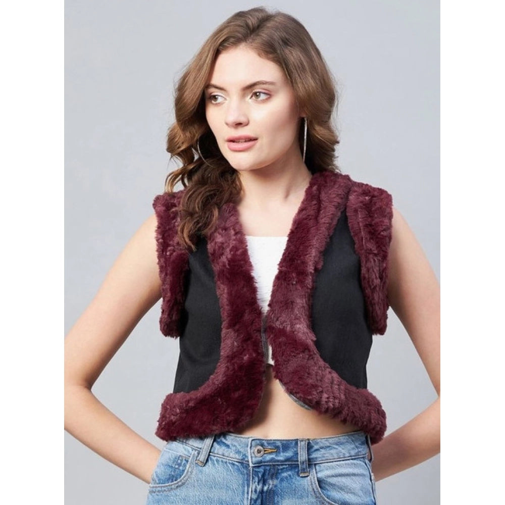 Amfyn Women's Denim And Fur Solid Sleeveless Shrug (Black - Maroon)