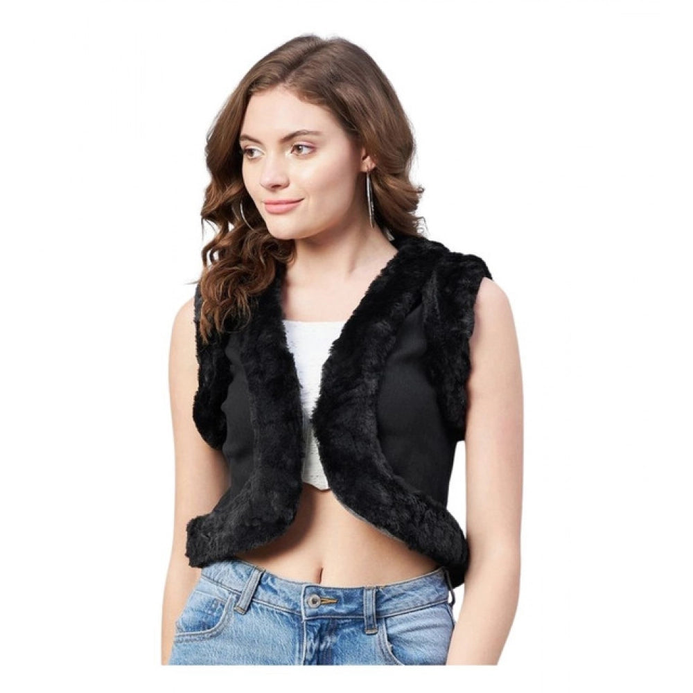 Amfyn Women's Denim And Fur Solid Sleeveless Shrug (Black)