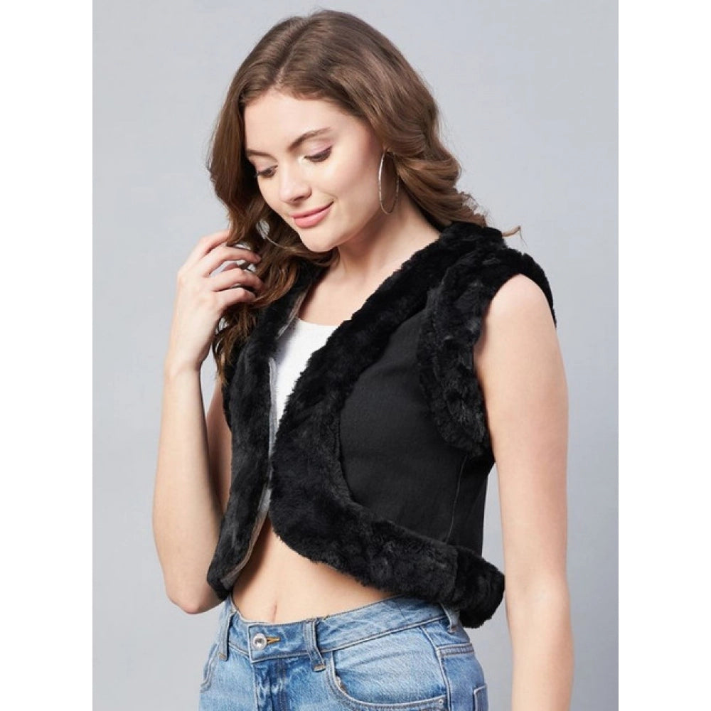 Amfyn Women's Denim And Fur Solid Sleeveless Shrug (Black)