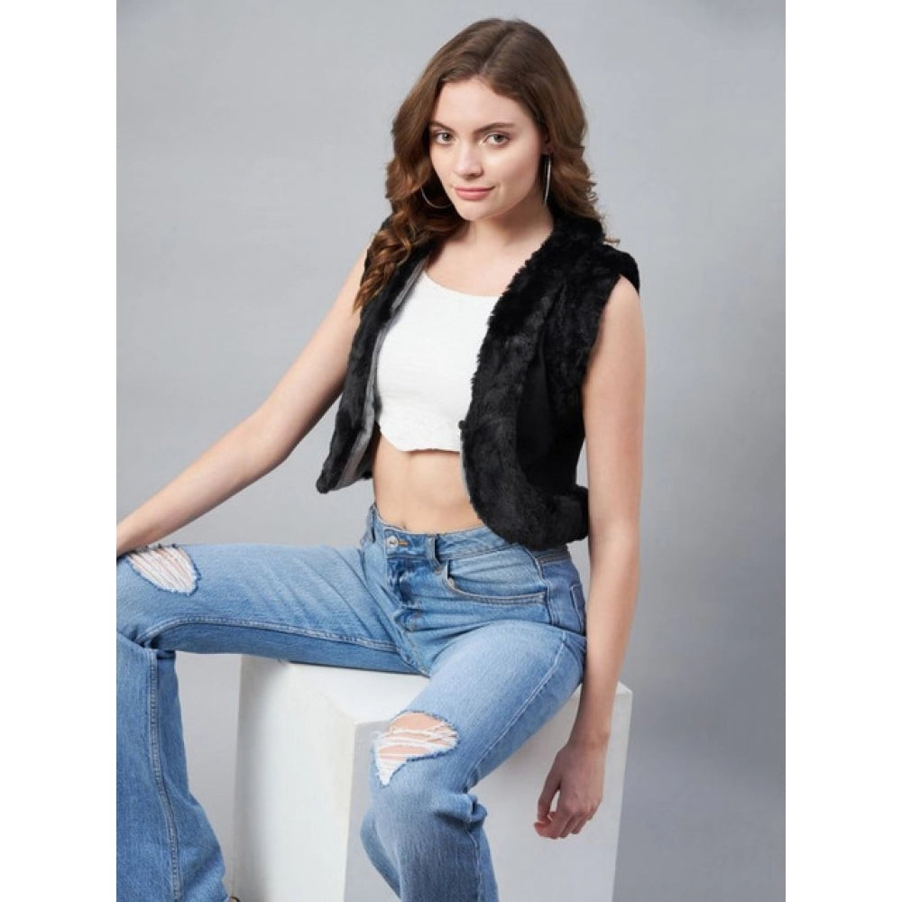 Amfyn Women's Denim And Fur Solid Sleeveless Shrug (Black)