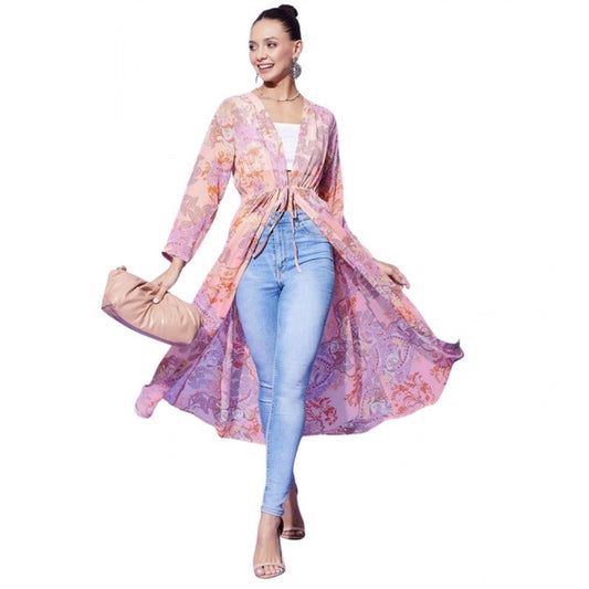 Amfyn Women's Polyester Floral Long Sleeves Shrug (Peach)