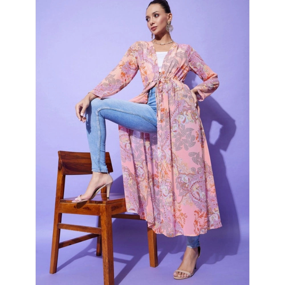 Amfyn Women's Polyester Floral Long Sleeves Shrug (Peach)