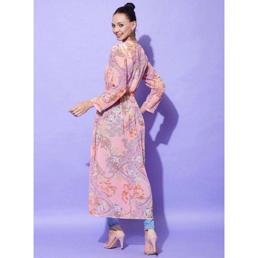 Amfyn Women's Polyester Floral Long Sleeves Shrug (Peach)