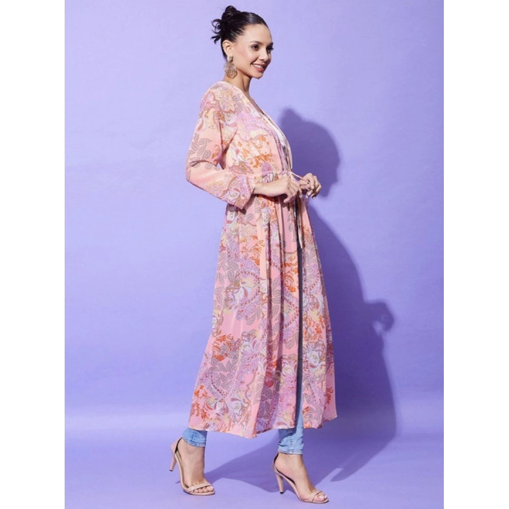 Amfyn Women's Polyester Floral Long Sleeves Shrug (Peach)