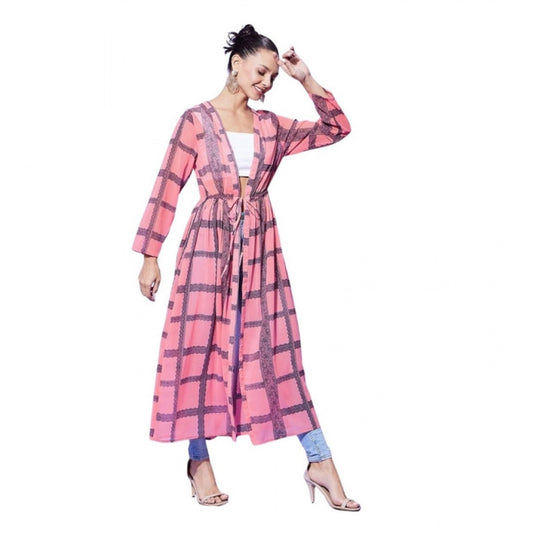 Amfyn Women's Polyester Check Long Sleeves Shrug (Pink)