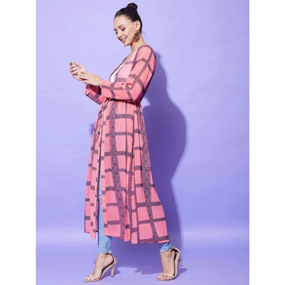 Amfyn Women's Polyester Check Long Sleeves Shrug (Pink)
