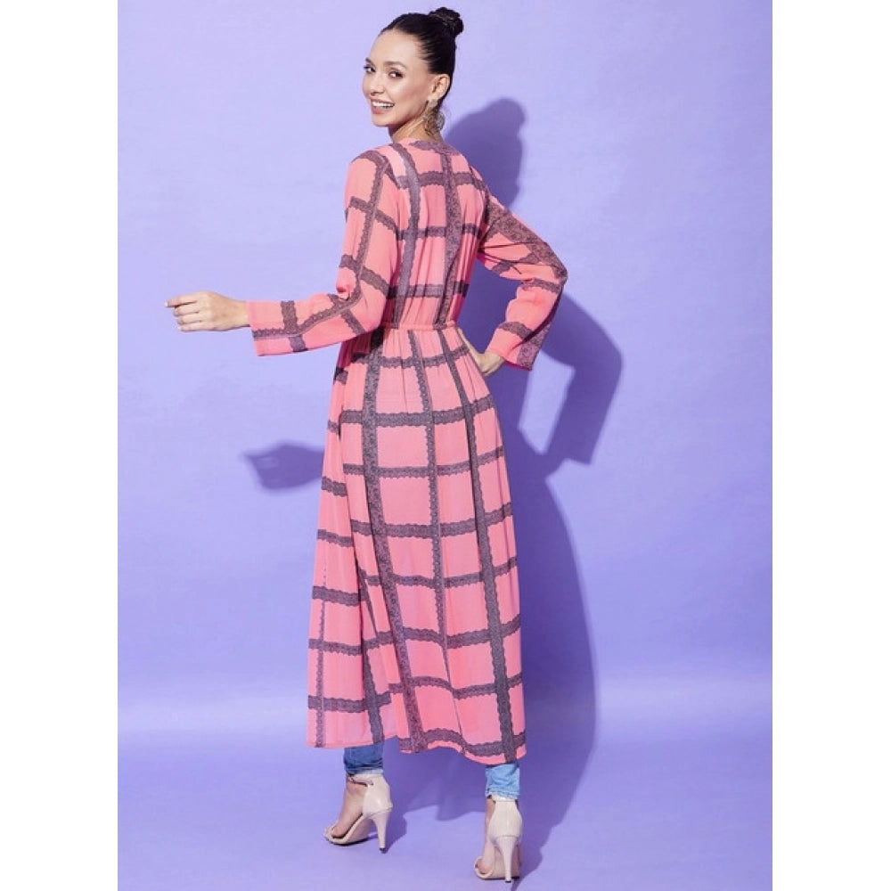 Amfyn Women's Polyester Check Long Sleeves Shrug (Pink)