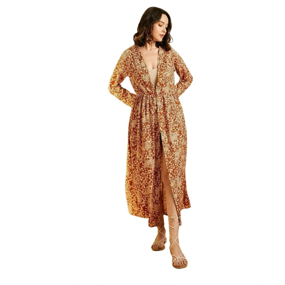 Amfyn Women's Polyester Floral Long Sleeves Shrug (Brown)