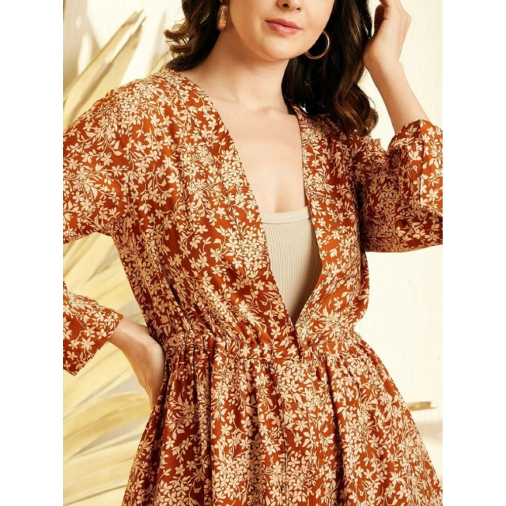 Amfyn Women's Polyester Floral Long Sleeves Shrug (Brown)