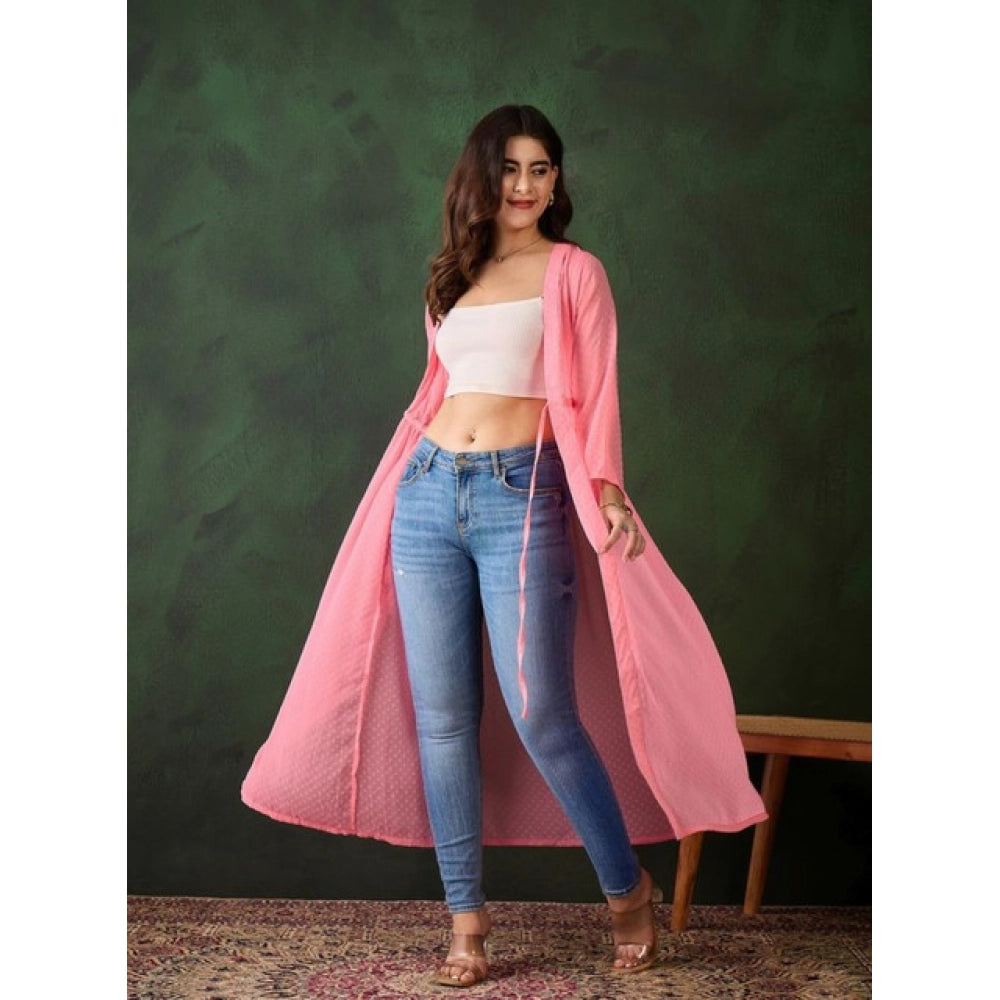 Amfyn Women's Chiffon Self Design Long Sleeves Shrug (Pink)