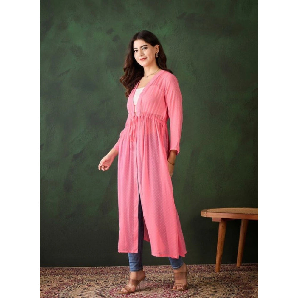 Amfyn Women's Chiffon Self Design Long Sleeves Shrug (Pink)