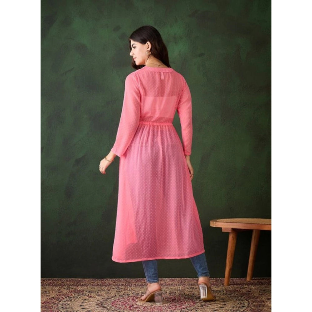 Amfyn Women's Chiffon Self Design Long Sleeves Shrug (Pink)