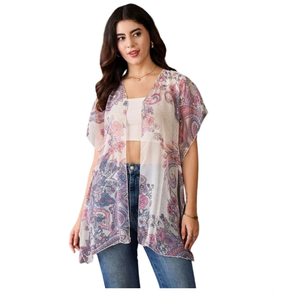 Amfyn Women's Chiffon Printed Short Sleeves Shrug (White - Purple)