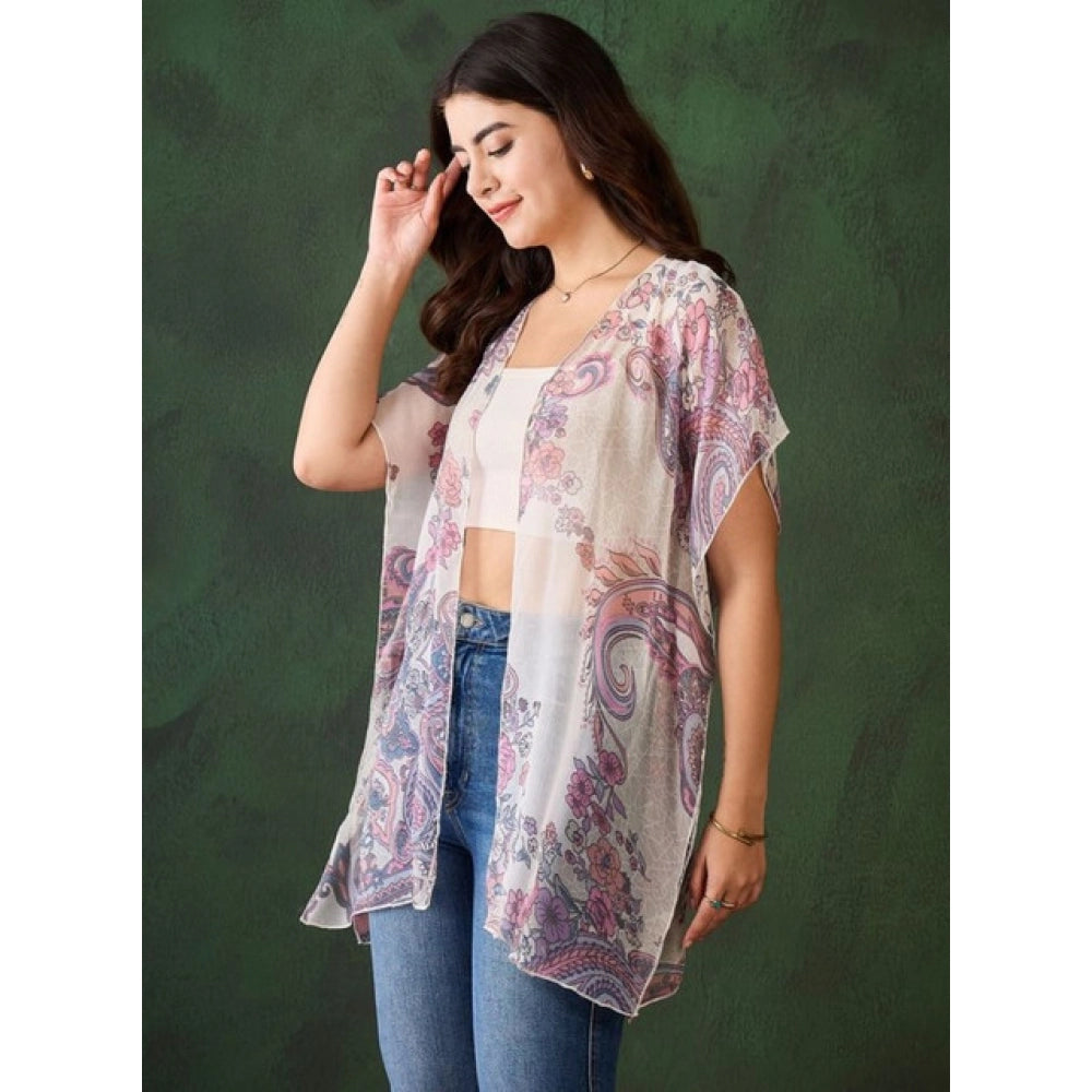 Amfyn Women's Chiffon Printed Short Sleeves Shrug (White - Purple)