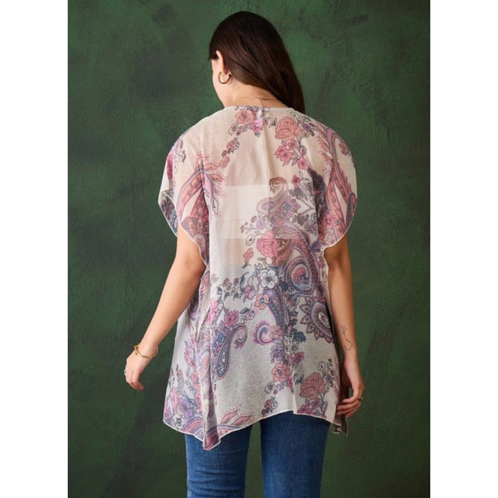Amfyn Women's Chiffon Printed Short Sleeves Shrug (White - Purple)