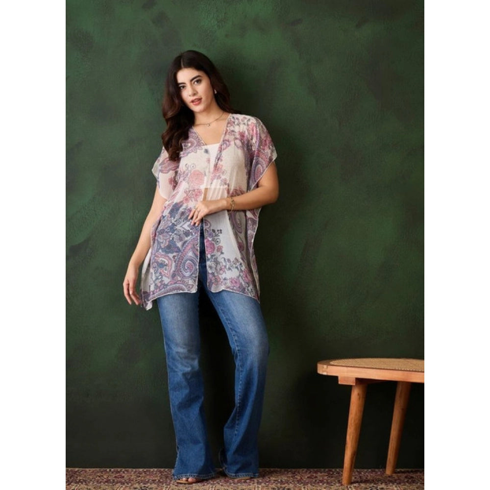 Amfyn Women's Chiffon Printed Short Sleeves Shrug (White - Purple)
