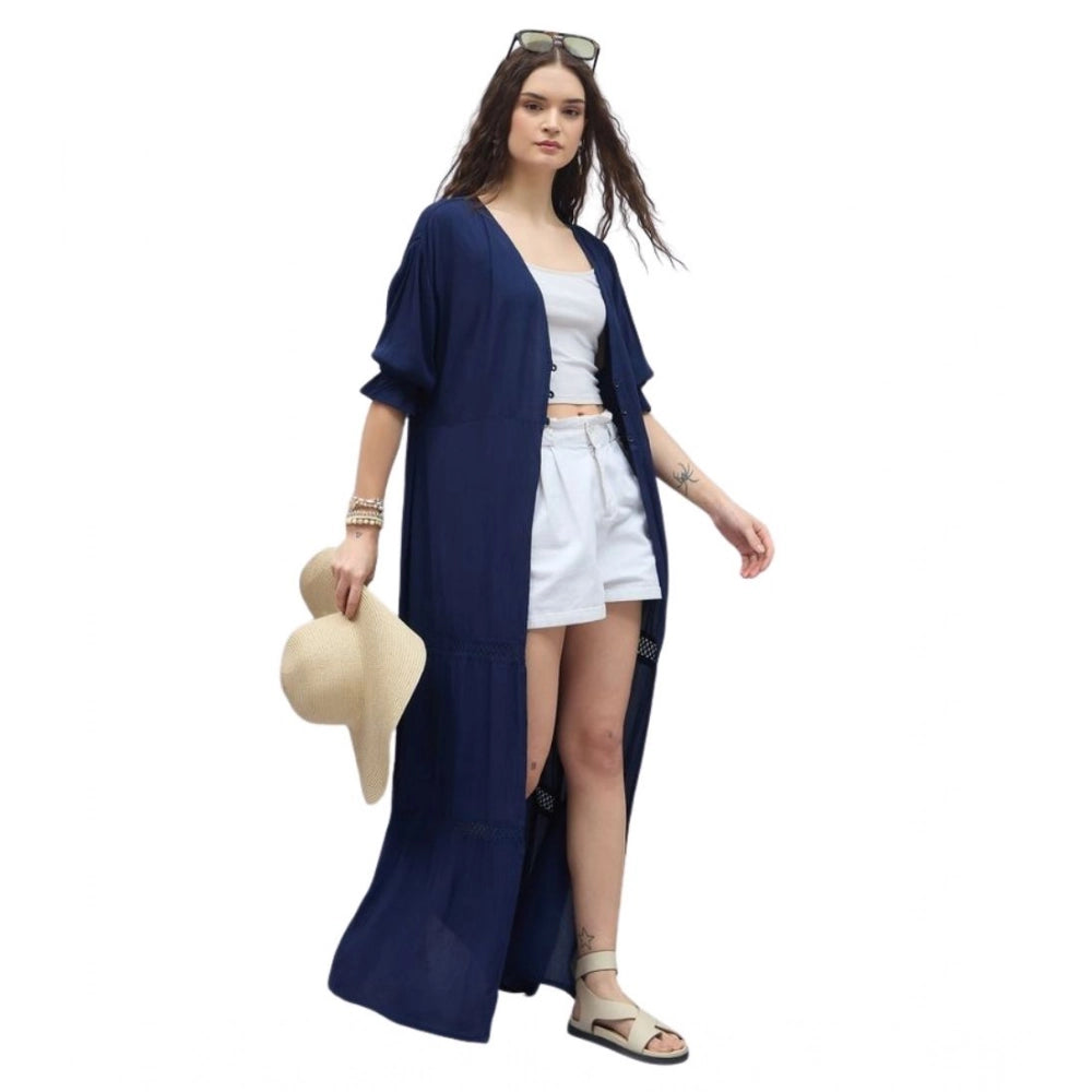 Amfyn Women's Rayon Crepe Lace Inserts 3-4th Sleeve Shrug (Navy)