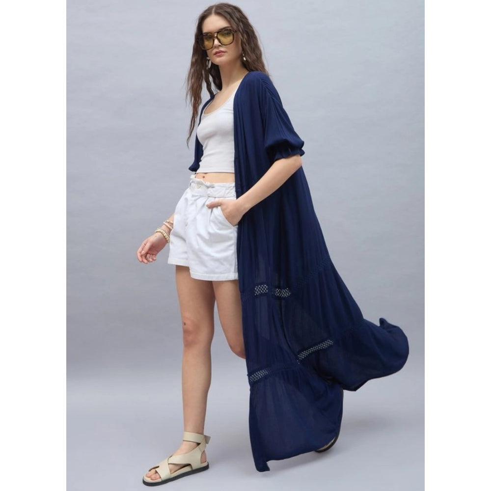 Amfyn Women's Rayon Crepe Lace Inserts 3-4th Sleeve Shrug (Navy)