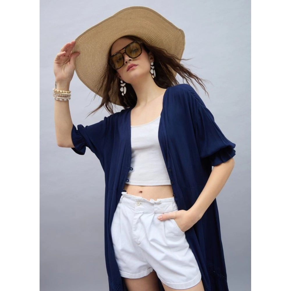 Amfyn Women's Rayon Crepe Lace Inserts 3-4th Sleeve Shrug (Navy)