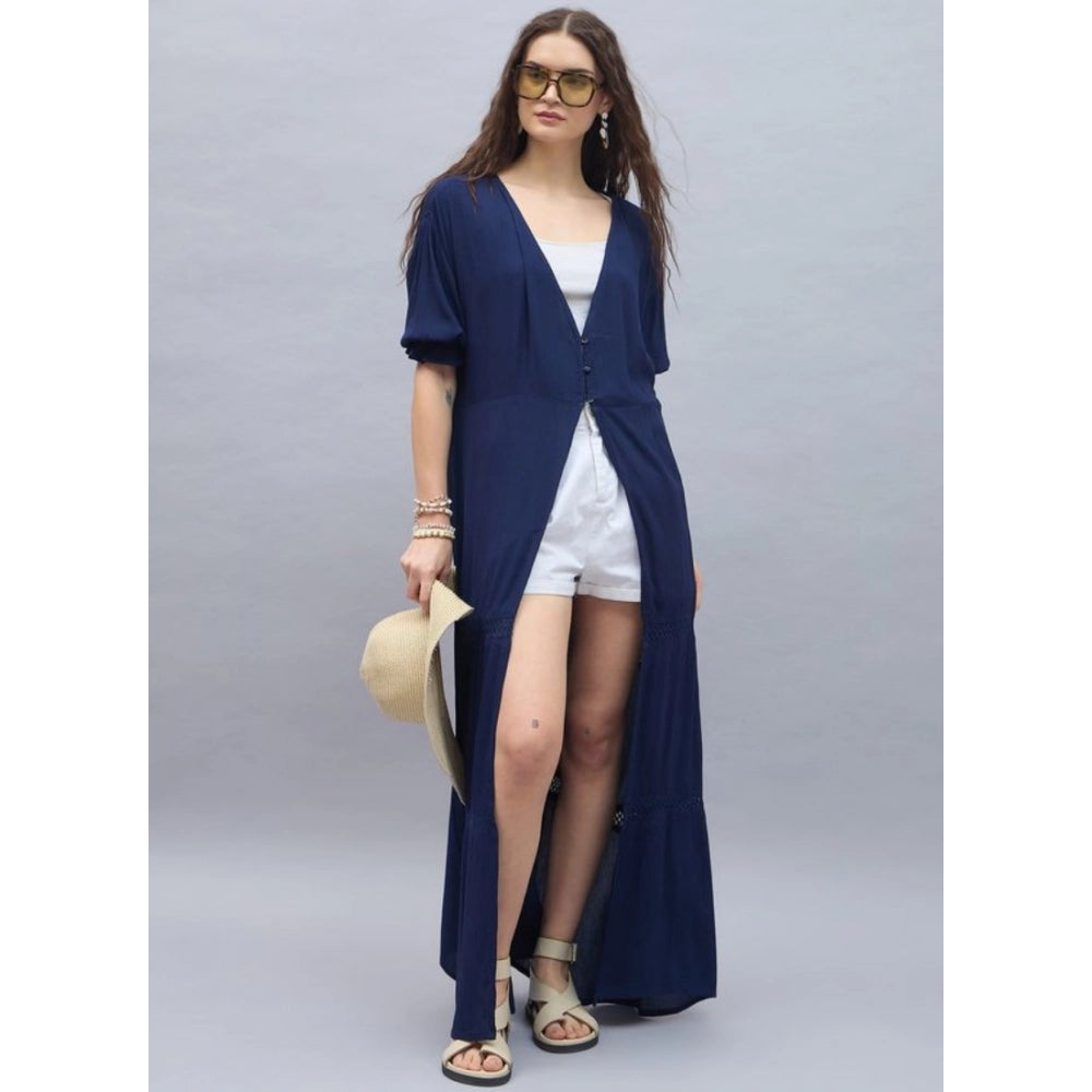 Amfyn Women's Rayon Crepe Lace Inserts 3-4th Sleeve Shrug (Navy)