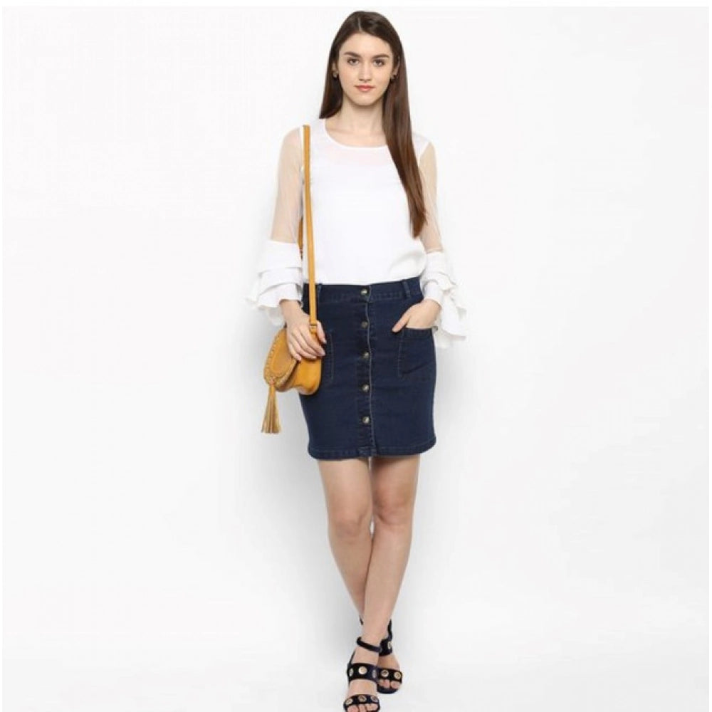 Amfyn Women's Denim Front Button Buttoned Skirt (Blue)