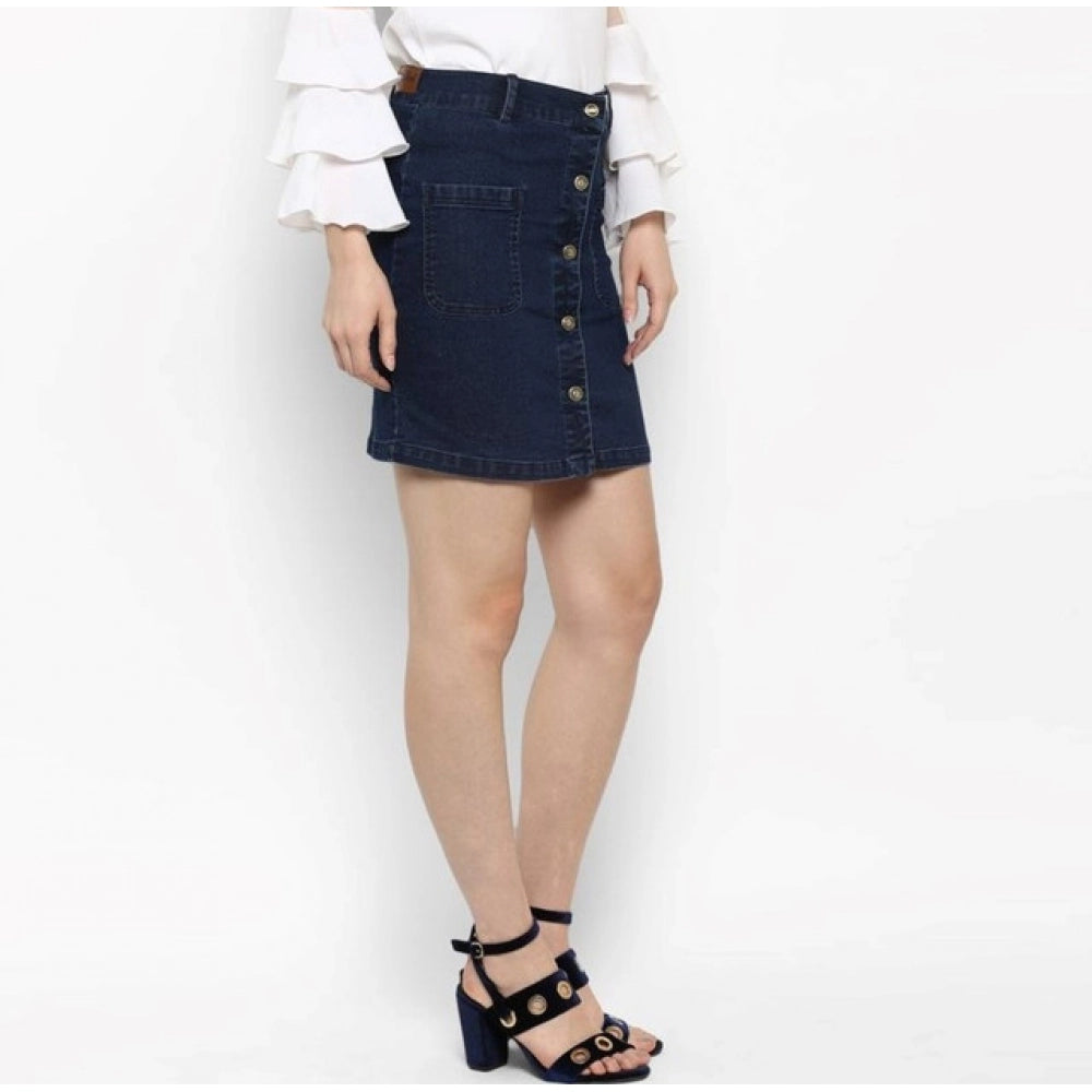 Amfyn Women's Denim Front Button Buttoned Skirt (Blue)