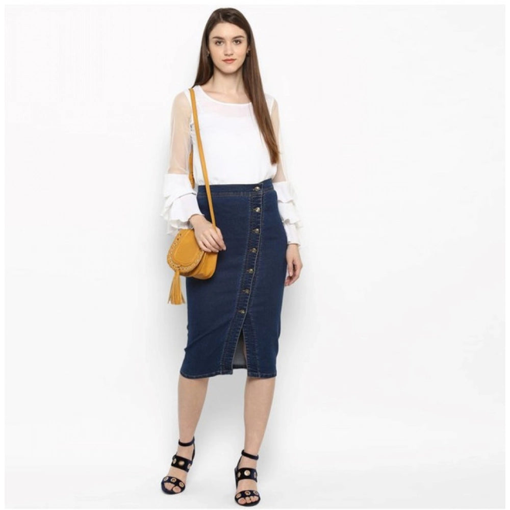 Amfyn Women's Denim Front Button Buttoned Skirt (Blue)