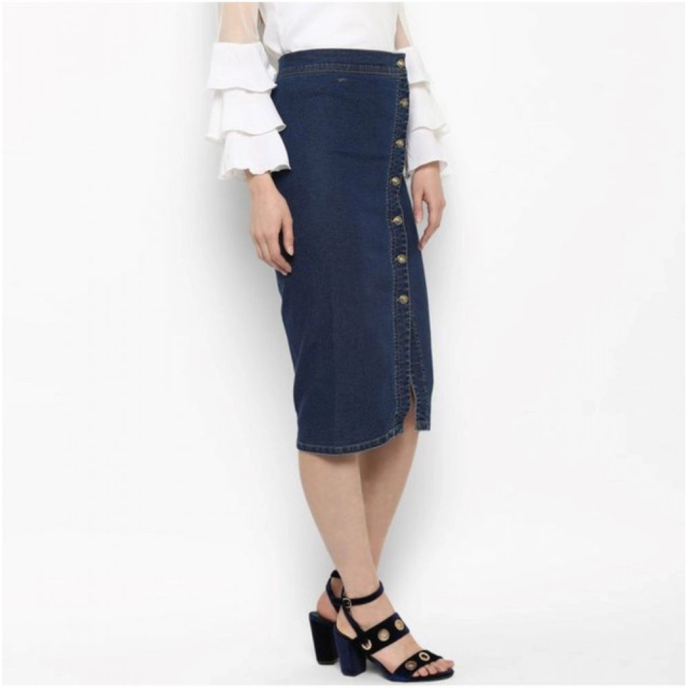 Amfyn Women's Denim Front Button Buttoned Skirt (Blue)