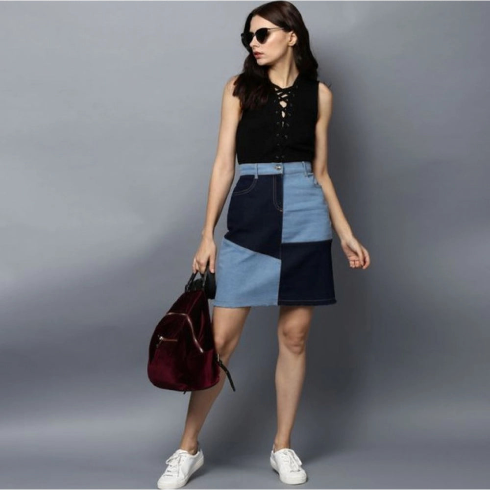 Amfyn Women's Denim Brick Style Buttoned Skirt (Blue)