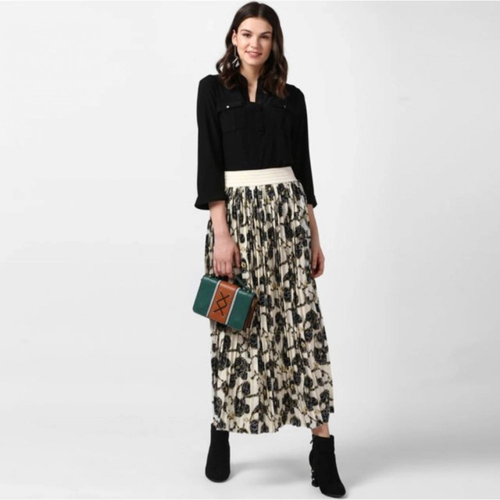 Amfyn Women's Georgette Chain Print Elasticated Skirt (Cream-Black)