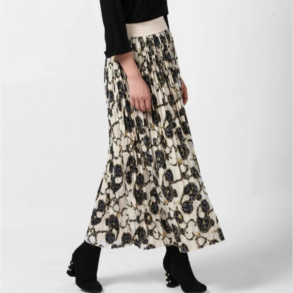 Amfyn Women's Georgette Chain Print Elasticated Skirt (Cream-Black)