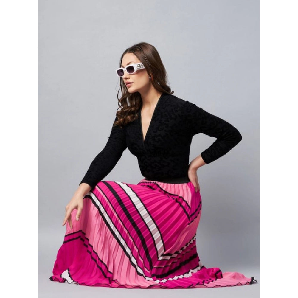 Amfyn Women's Satin Pleated Elasticated Skirt (Pink)