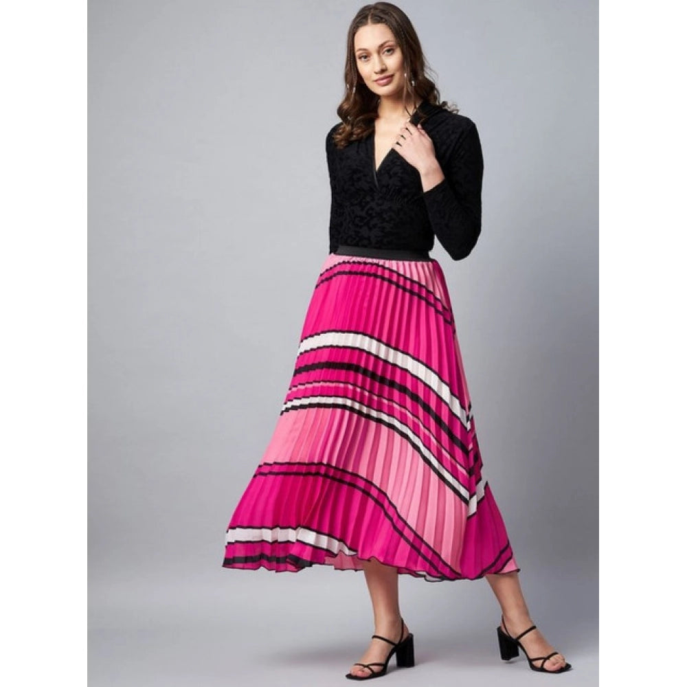 Amfyn Women's Satin Pleated Elasticated Skirt (Pink)