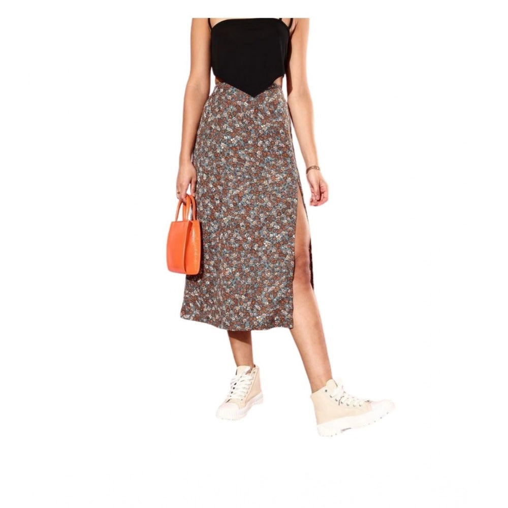 Amfyn Women's Polyester Floral Side Zip Skirt (Grey - Coral)
