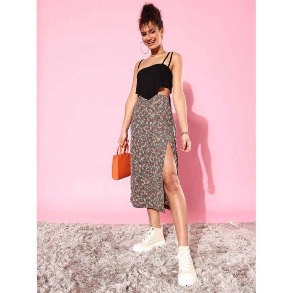 Amfyn Women's Polyester Floral Side Zip Skirt (Grey - Coral)