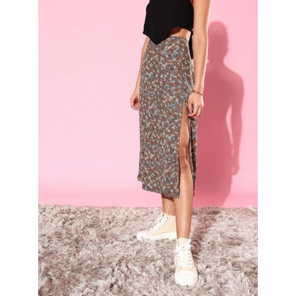Amfyn Women's Polyester Floral Side Zip Skirt (Grey - Coral)