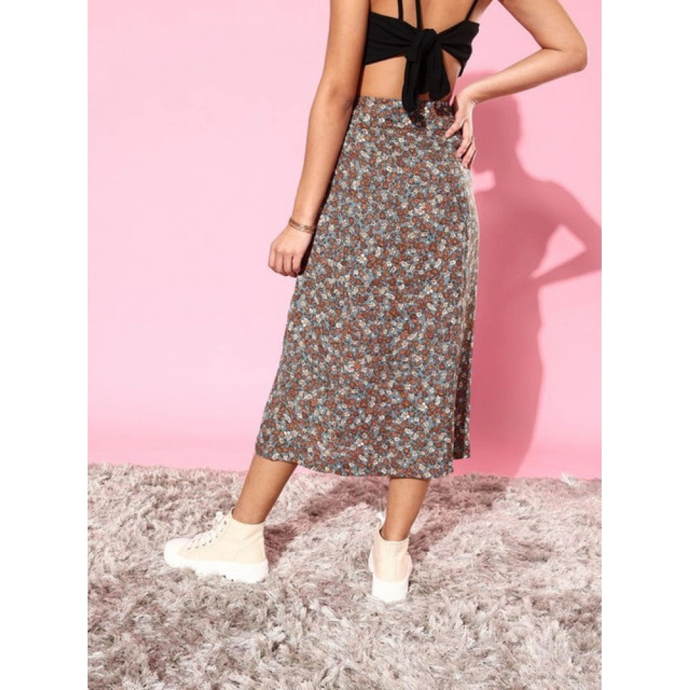 Amfyn Women's Polyester Floral Side Zip Skirt (Grey - Coral)