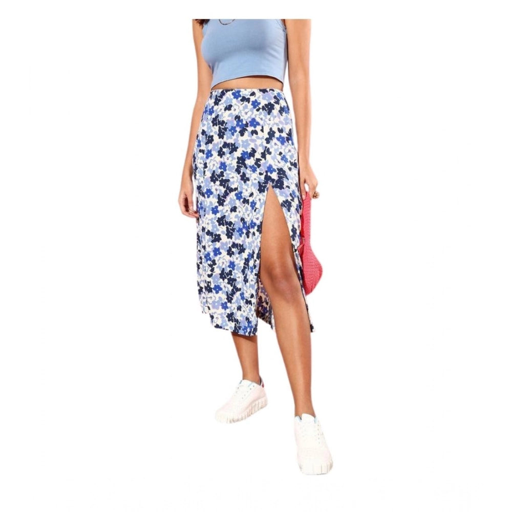 Amfyn Women's Polyester Floral Side Zip Skirt (Blue - White)