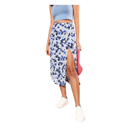 Amfyn Women's Polyester Floral Side Zip Skirt (Blue - White)